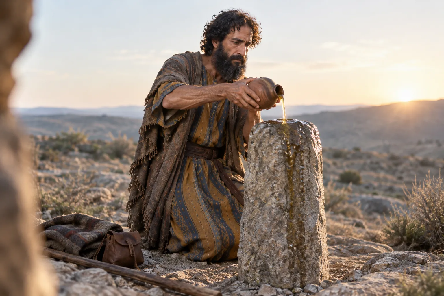 Jacob anoints the pillar at Bethel (Genesis 28:18–22)