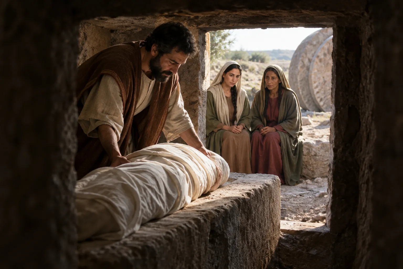 Jesus is laid in the tomb (Matthew 27:57–61)