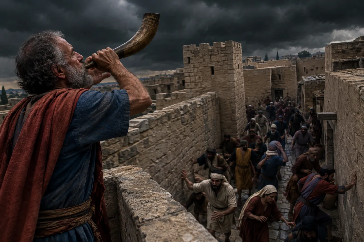 Horn blast against the fortified city (Zephaniah 1:14–17)