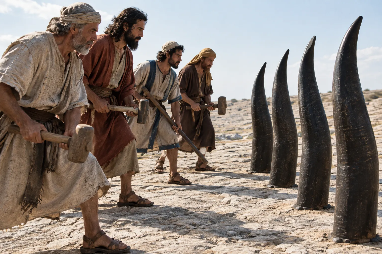 Four craftsmen come against the horns (Zechariah 1:20–21)