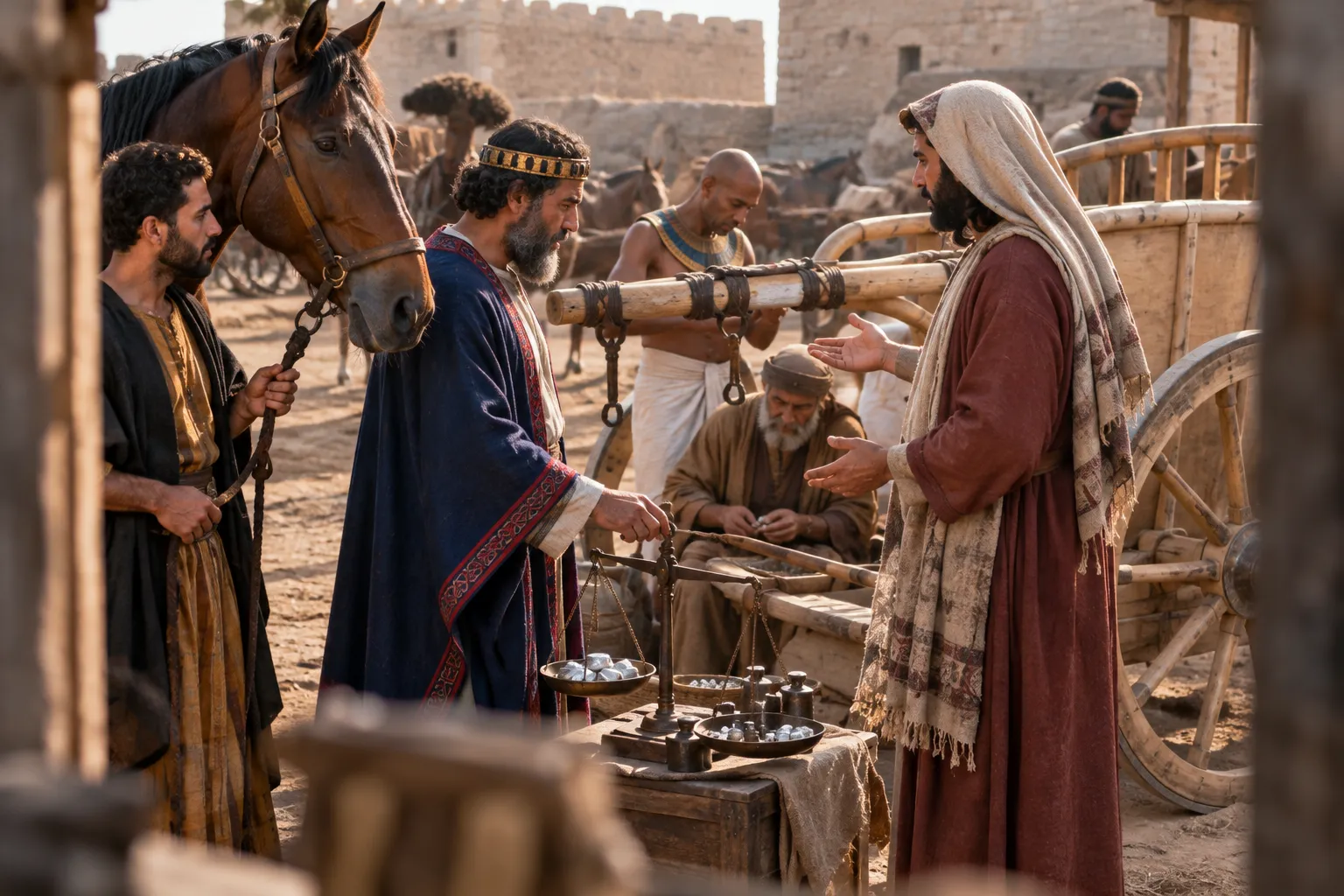 Royal merchants inspect horses and chariots (2 Chronicles 1:14–17)