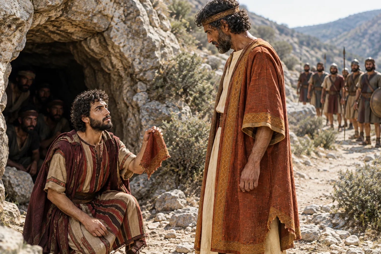 David shows the severed corner (1 Samuel 24:8–15)