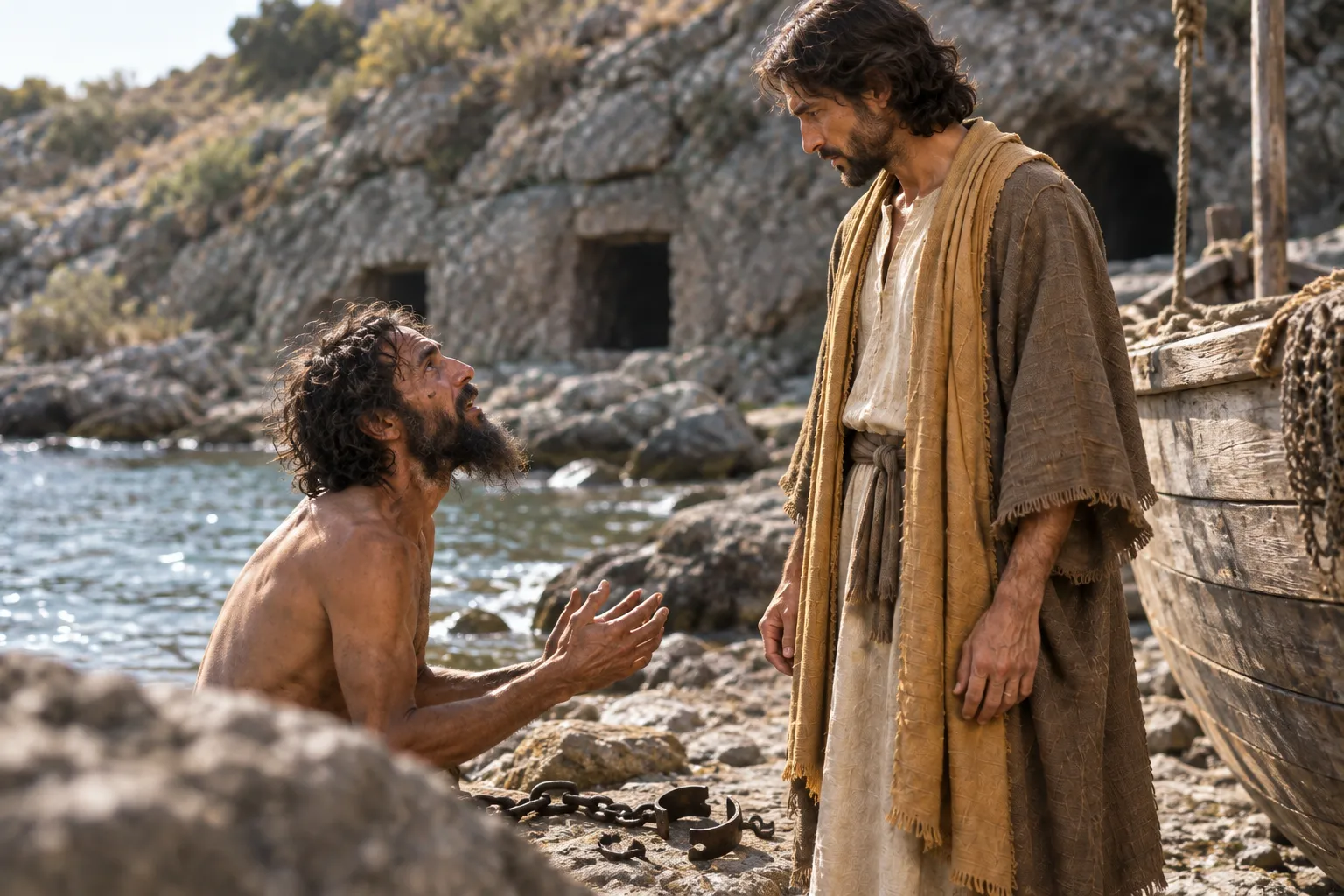 The man from the tombs falls before Jesus (Mark 5:2–8)