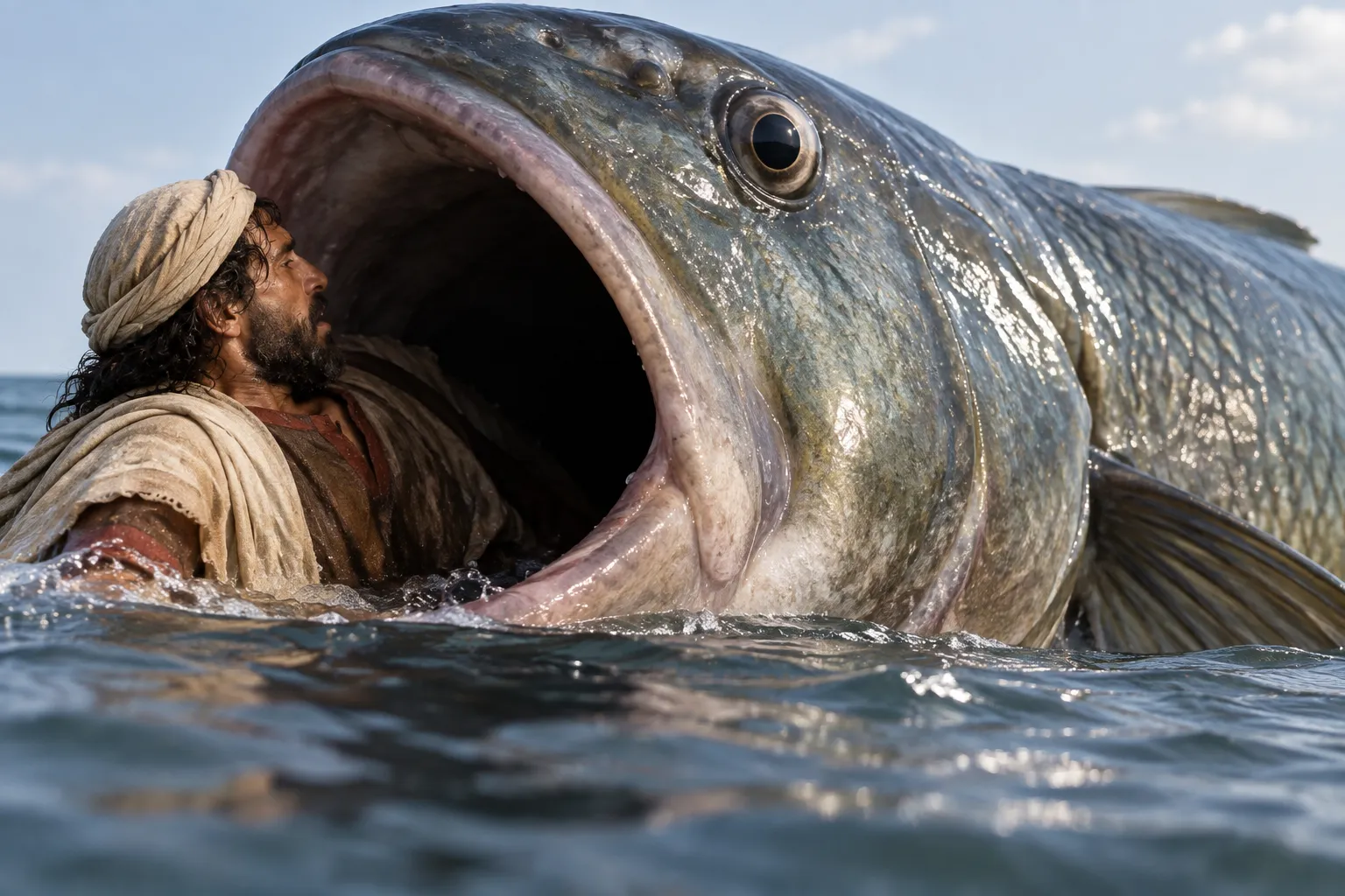 The great fish receives Jonah (Jonah 1:17)