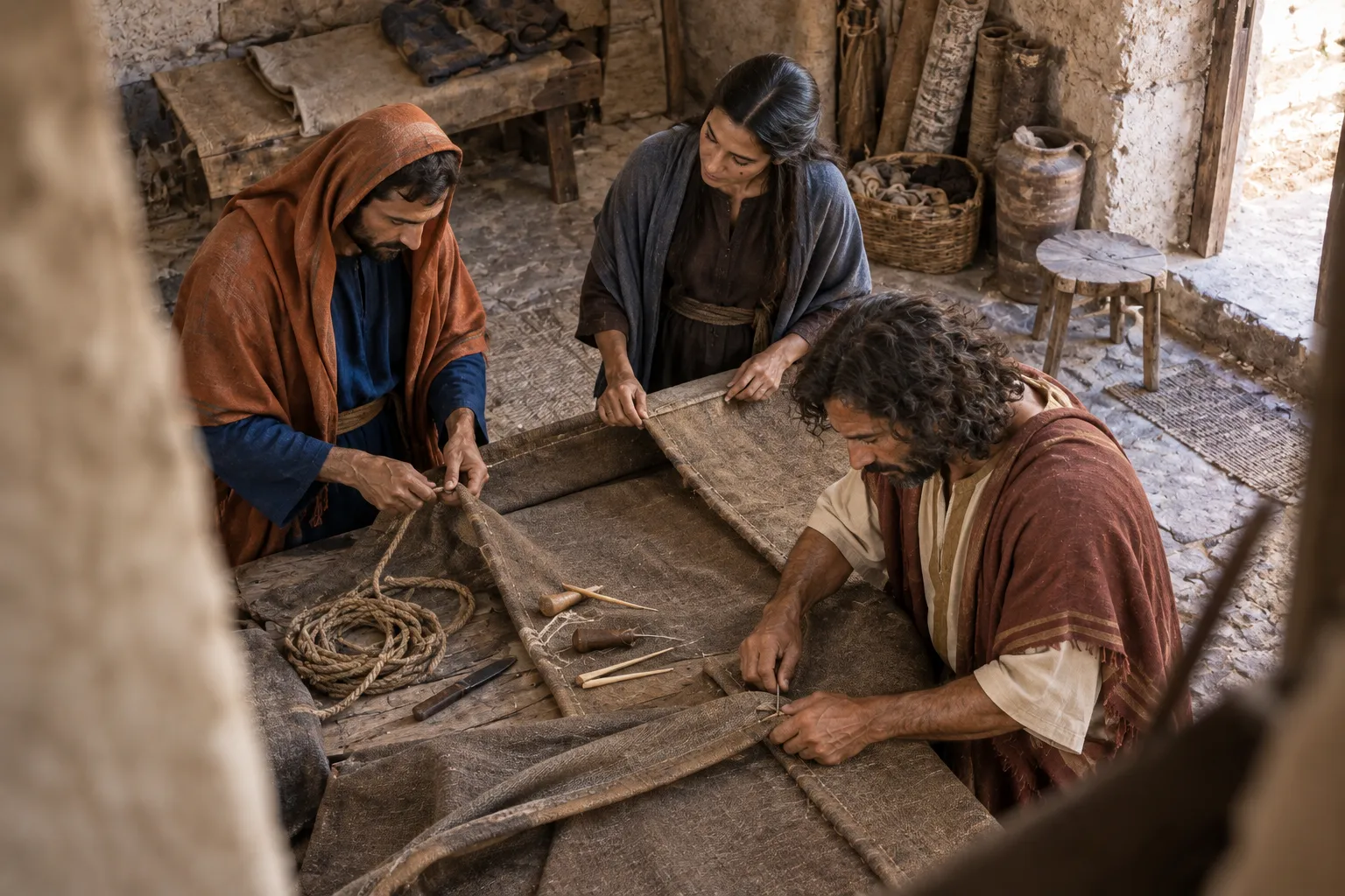 Three tentmakers at work (Acts 18:2–3)