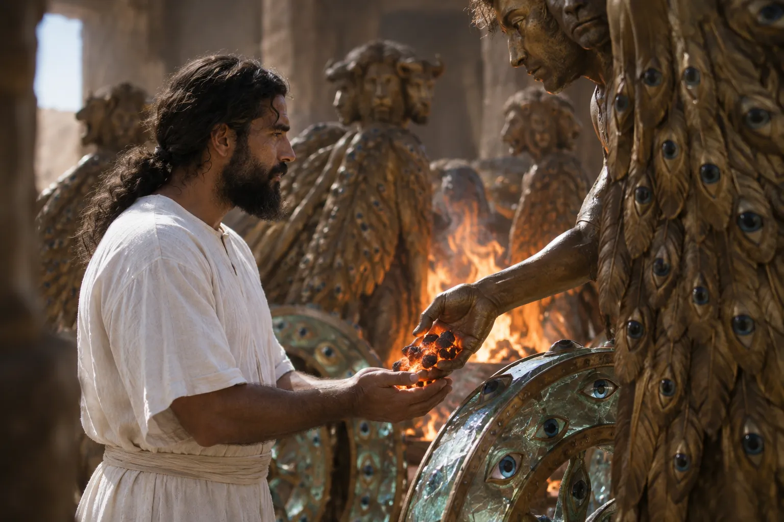 Fire placed in the linen-clothed man’s hands (Ezekiel 10:6–8)