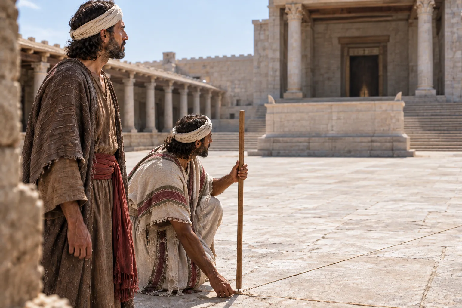 The inner court before the temple (Ezekiel 40:47–49)