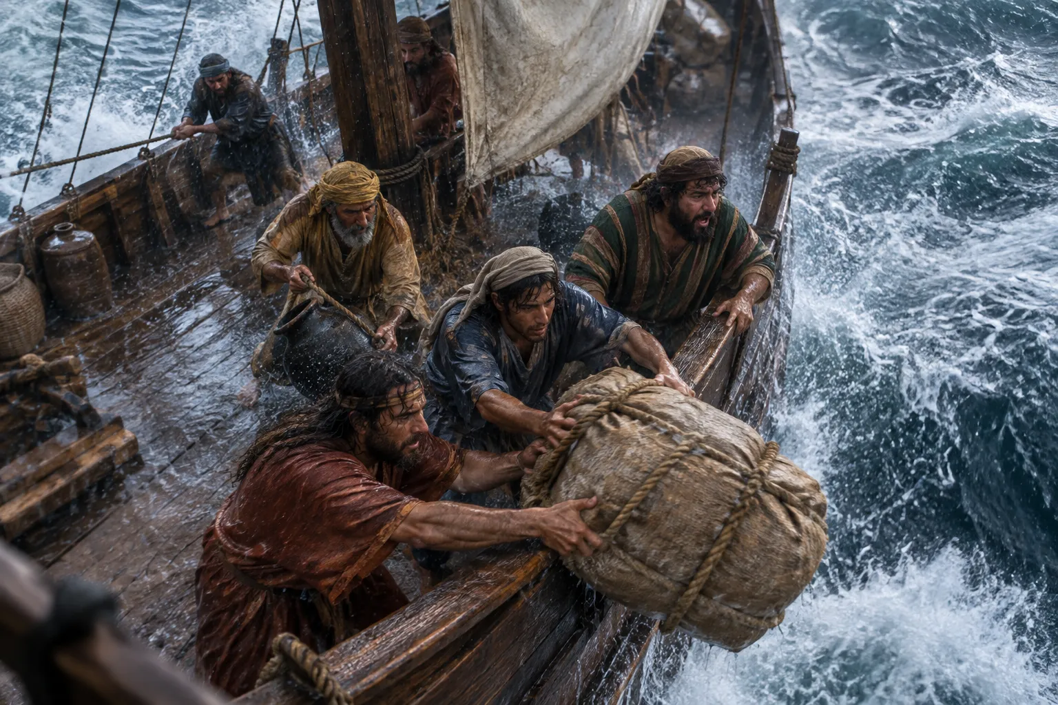 Cargo cast into the storm (Jonah 1:4–5)