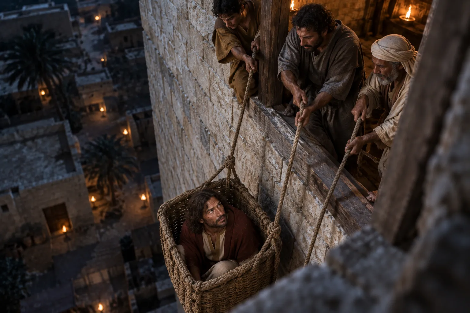 Saul is lowered through the wall (Acts 9:25)