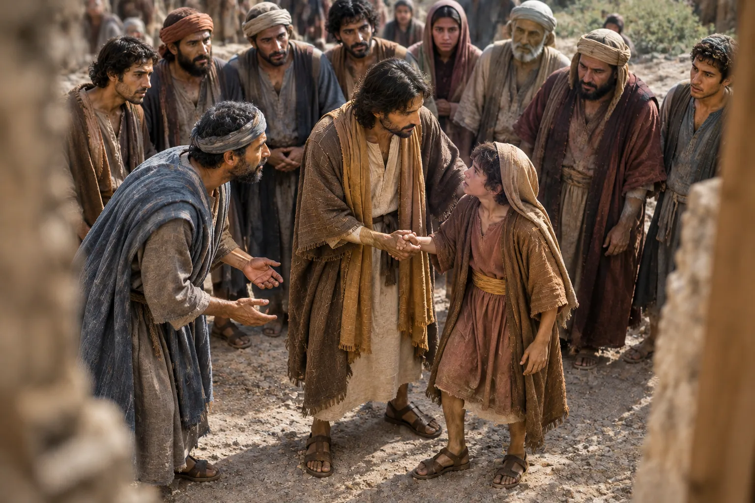 Jesus helps the boy to his feet (Mark 9:27)