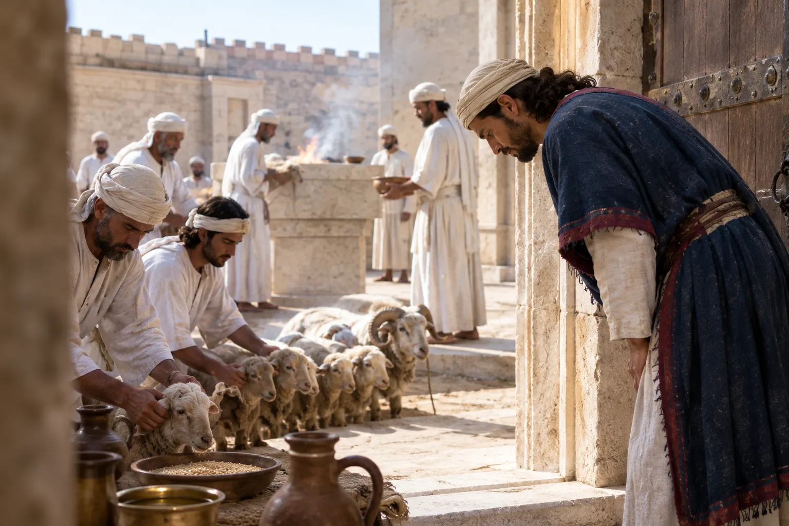 The prince bows at the open Sabbath gate (Ezekiel 46:1–5)