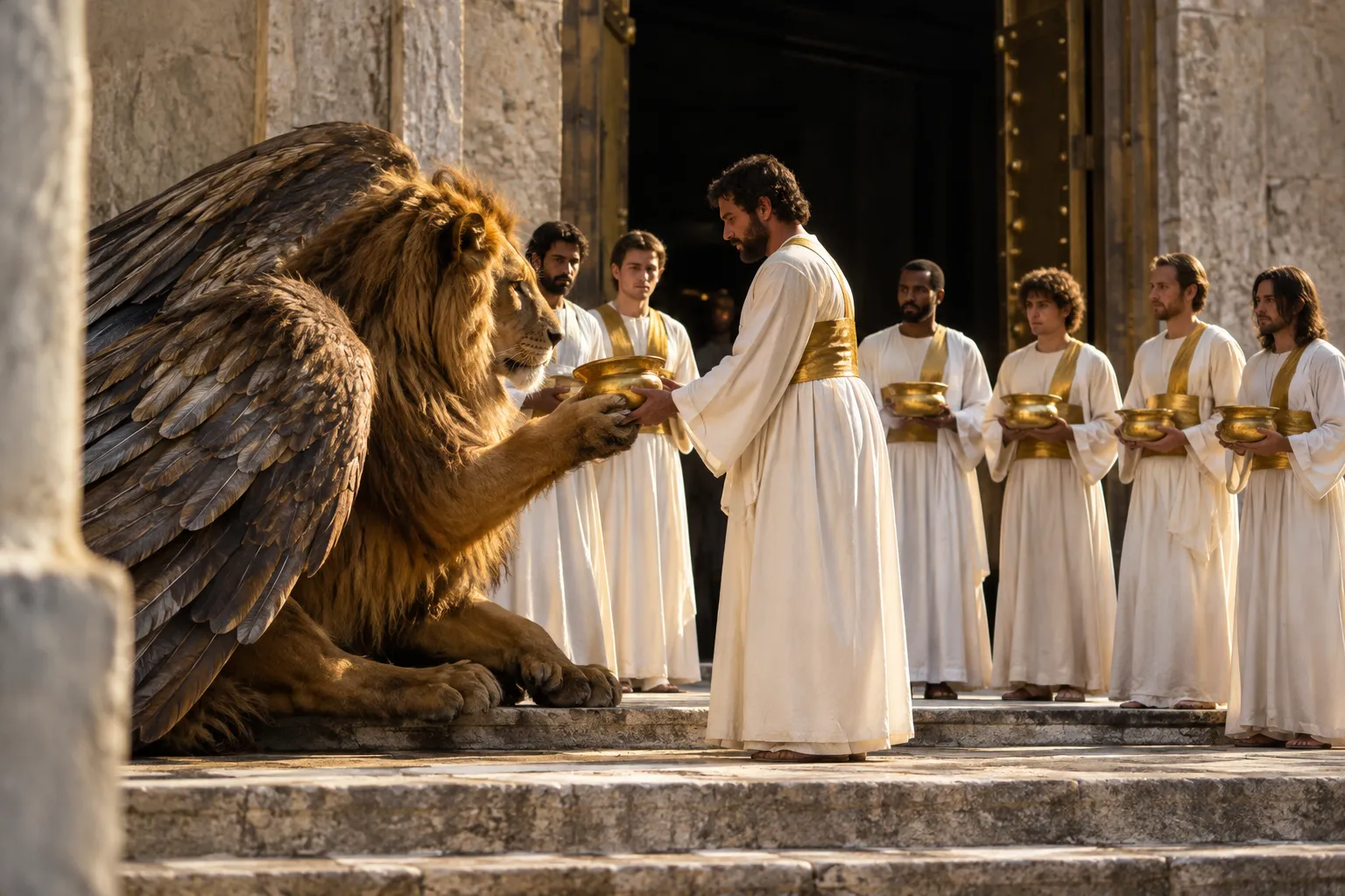 The seven angels receive the golden bowls (Revelation 15:5–7)