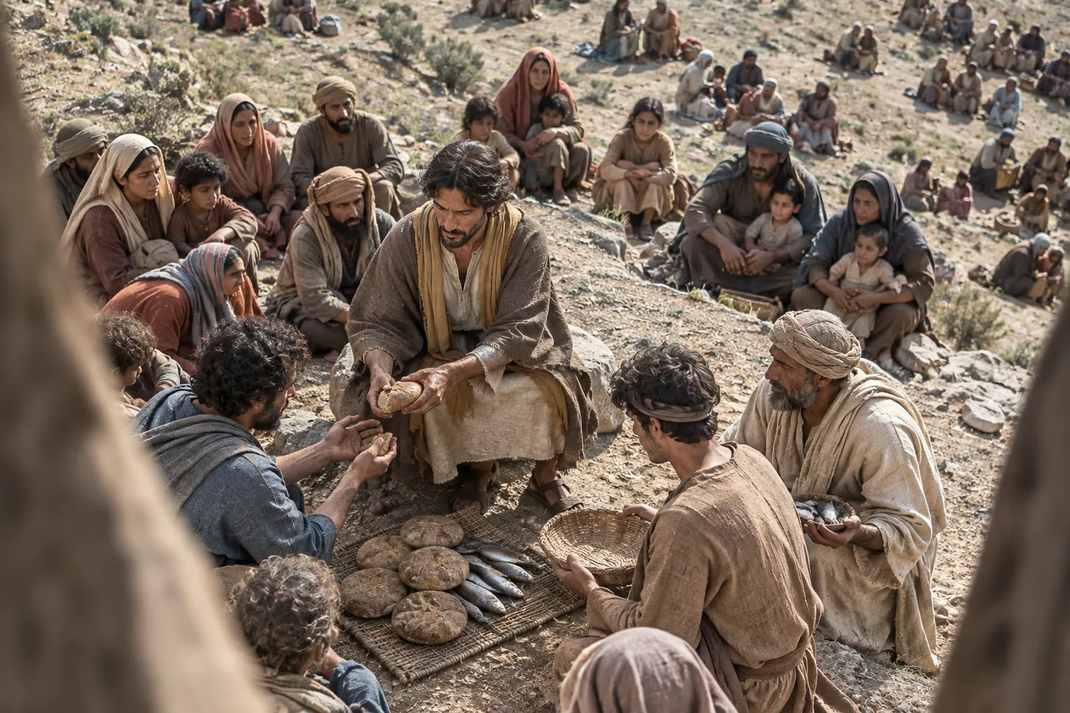 Jesus gives bread and fish to the disciples (Matthew 15:32–38)