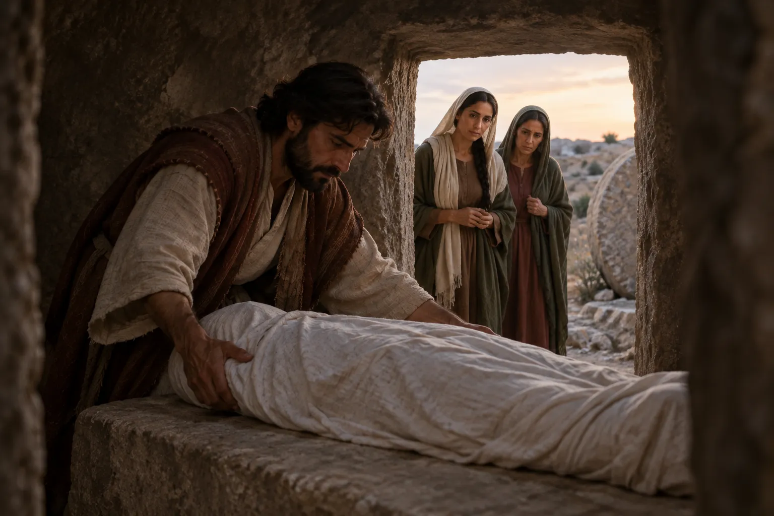Jesus laid in the tomb (Mark 15:46–47)