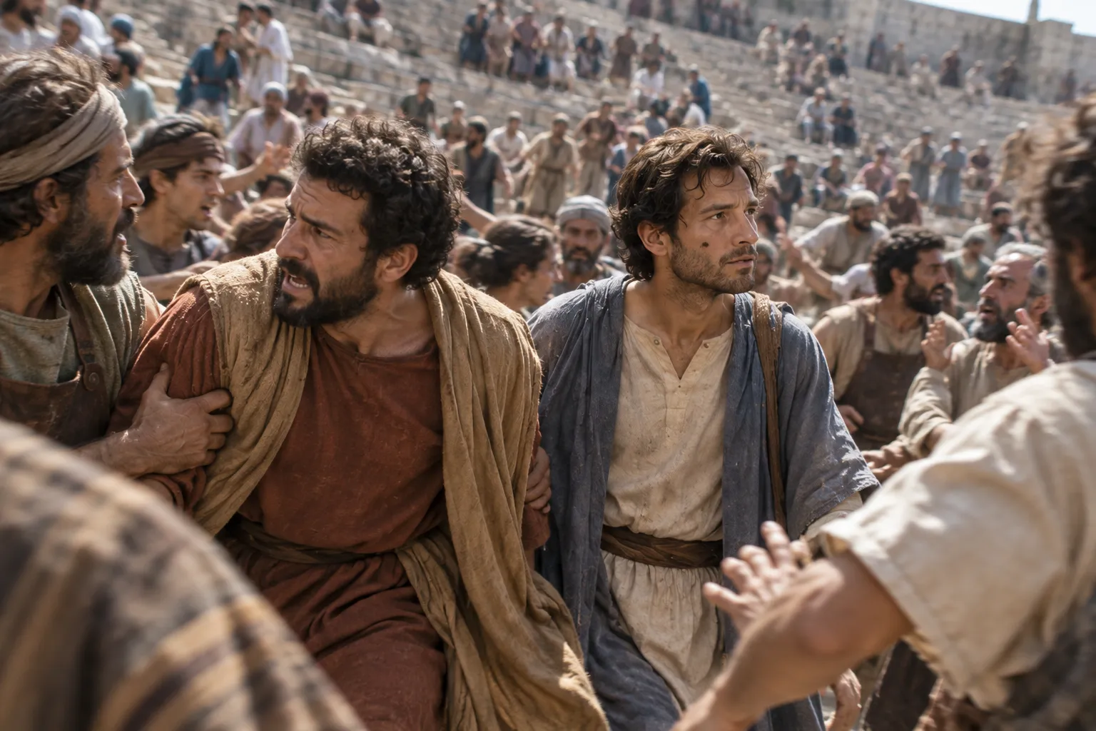The crowd drags Paul’s companions into the theater (Acts 19:28–32)