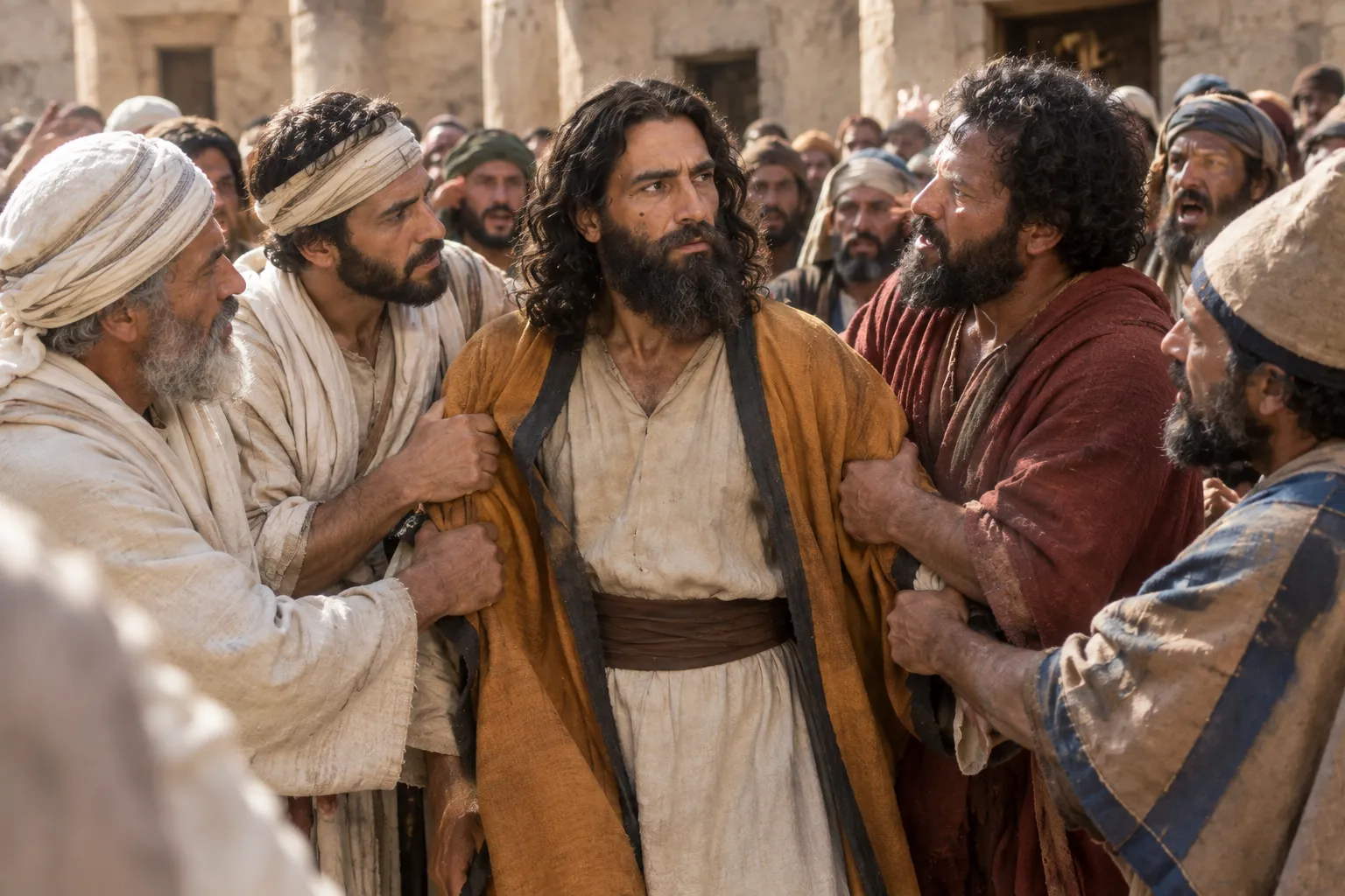 Jeremiah seized in the temple courtyard (Jeremiah 26:7–9)