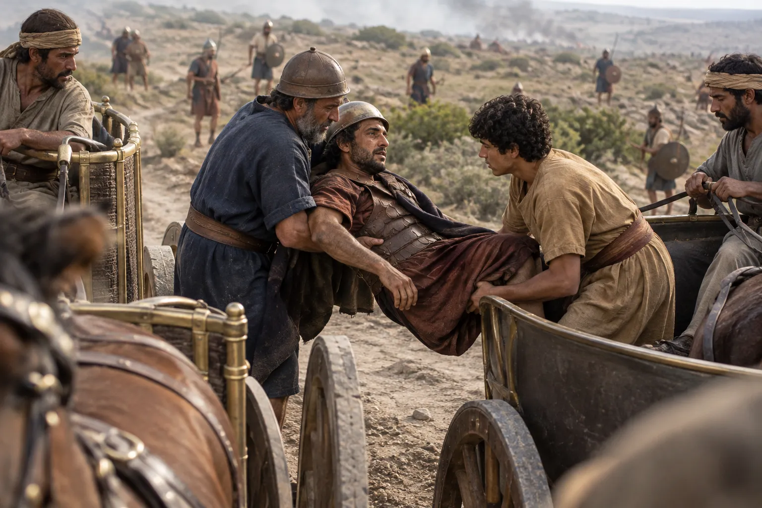 The wounded king transferred between chariots (2 Chronicles 35:23–24)