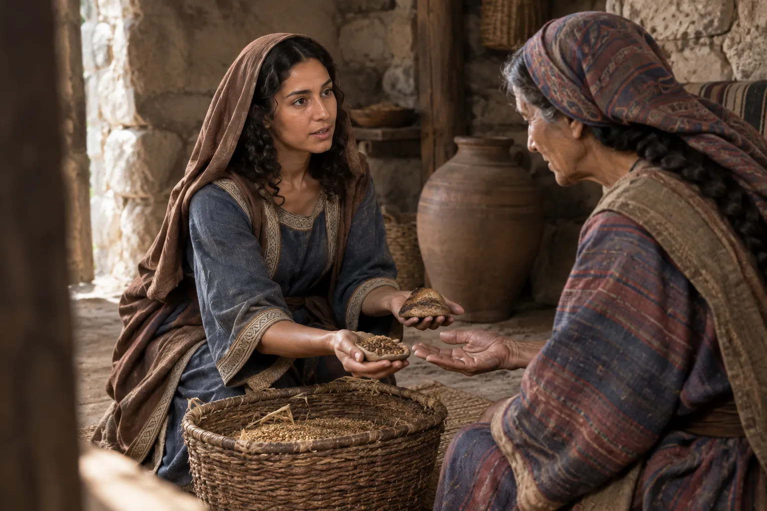 Ruth brings the barley home to Naomi (Ruth 2:18–20)