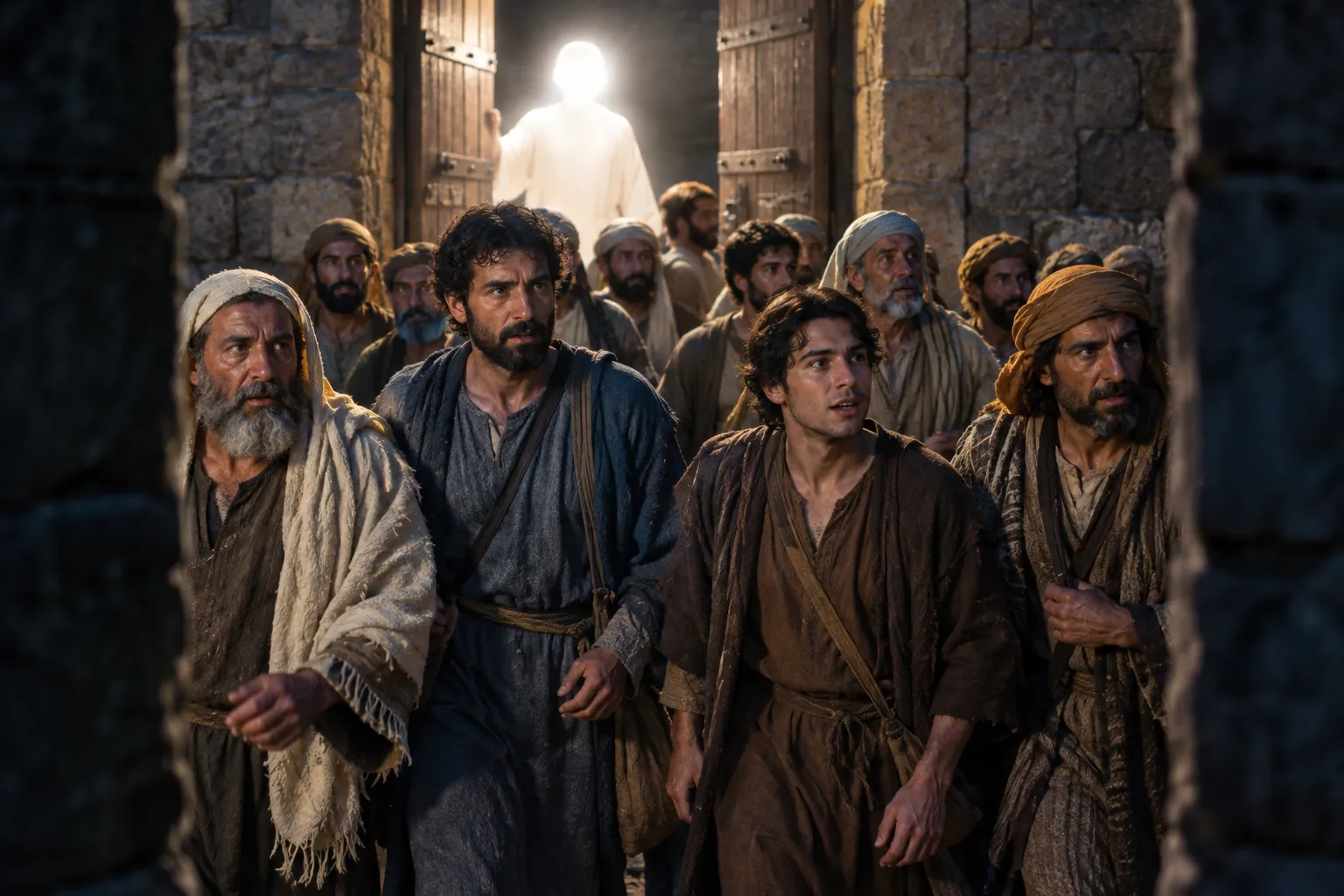 The apostles leave the opened jail (Acts 5:19–20)