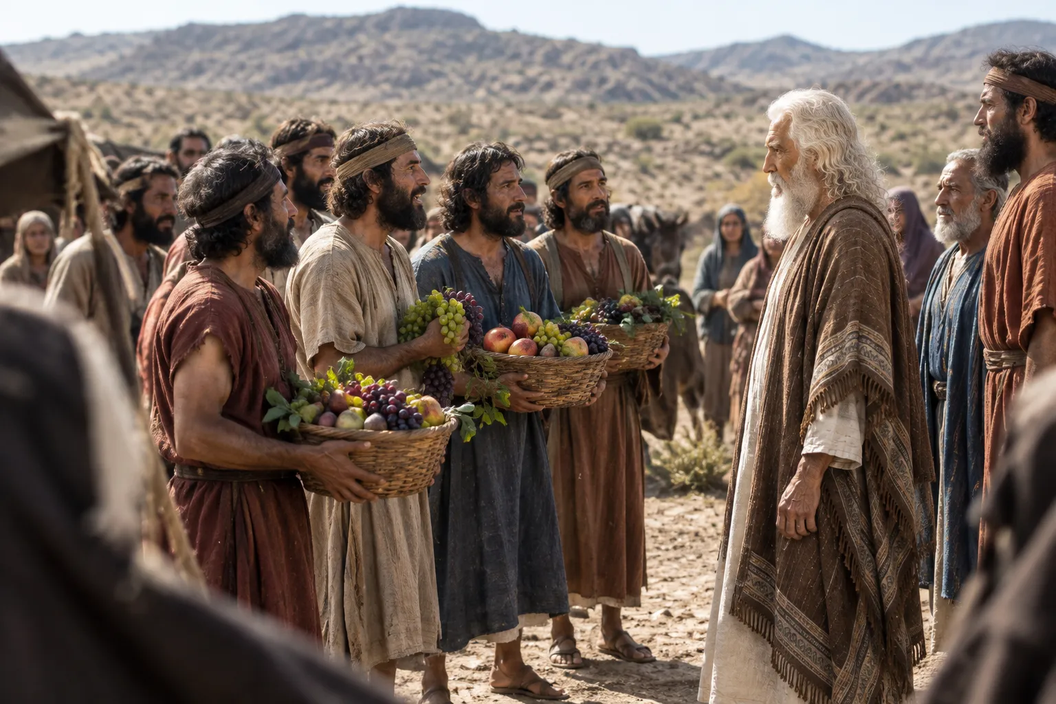 The twelve spies return with fruit (Deuteronomy 1:22–25)