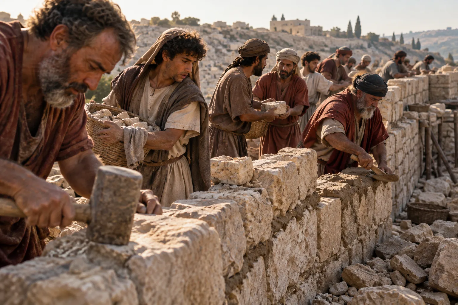 The joined wall reaches half height (Nehemiah 4:6)