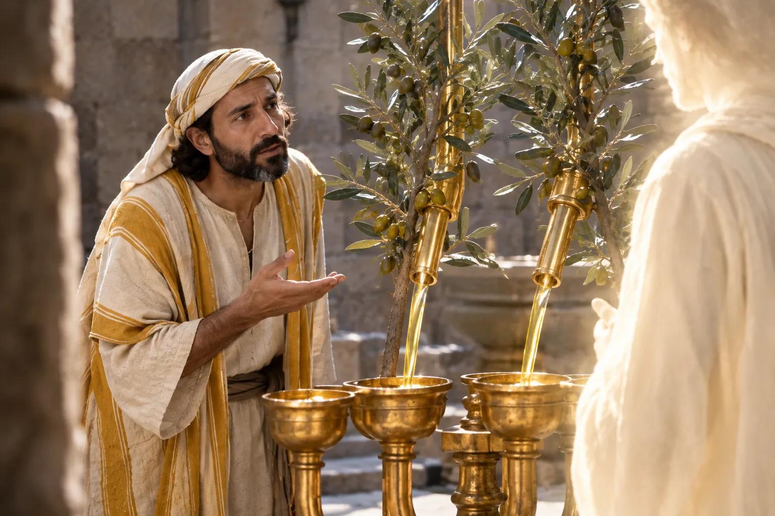 The olive branches and golden oil (Zechariah 4:11–14)