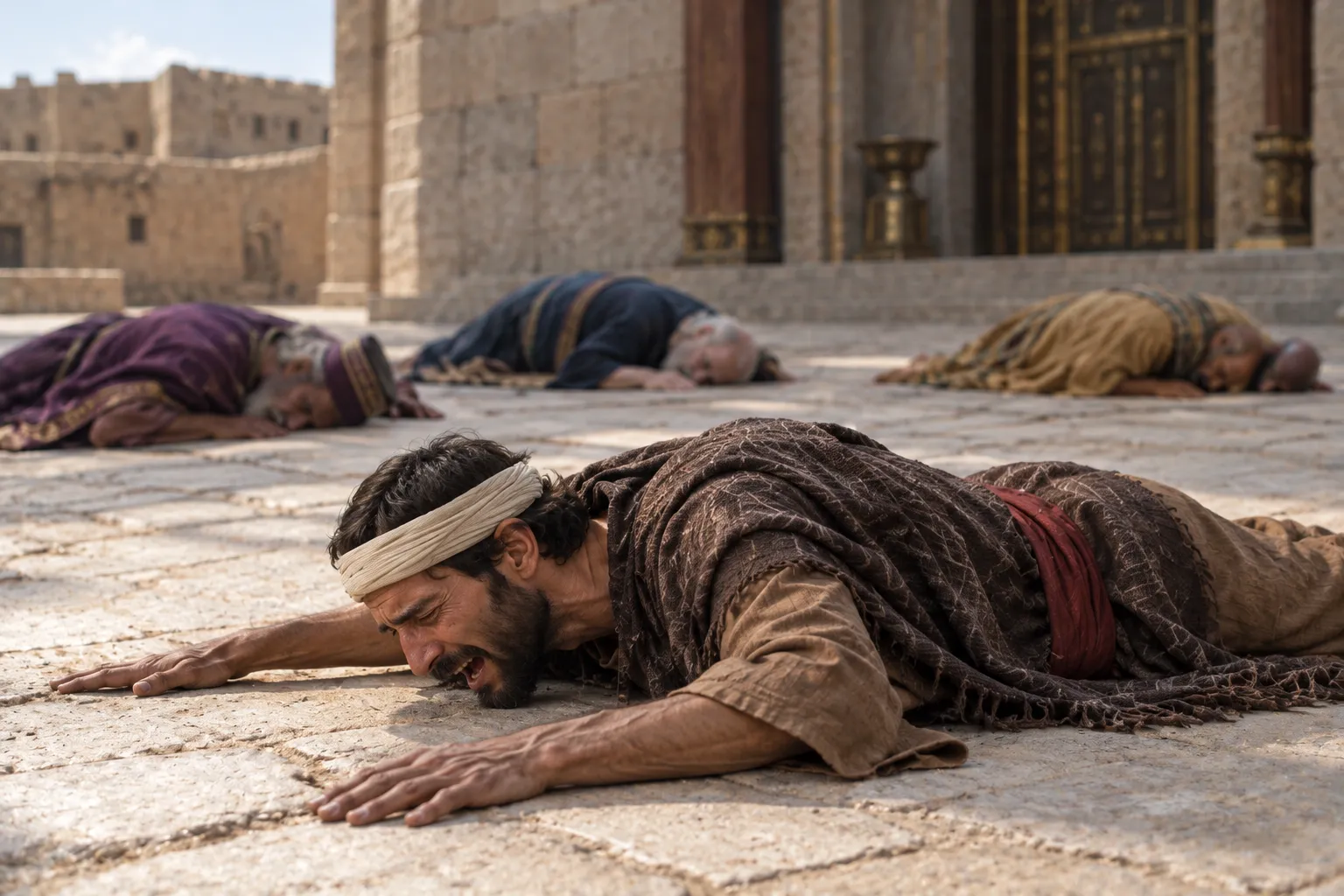 Ezekiel falls facedown in the emptied court (Ezekiel 9:6–8)