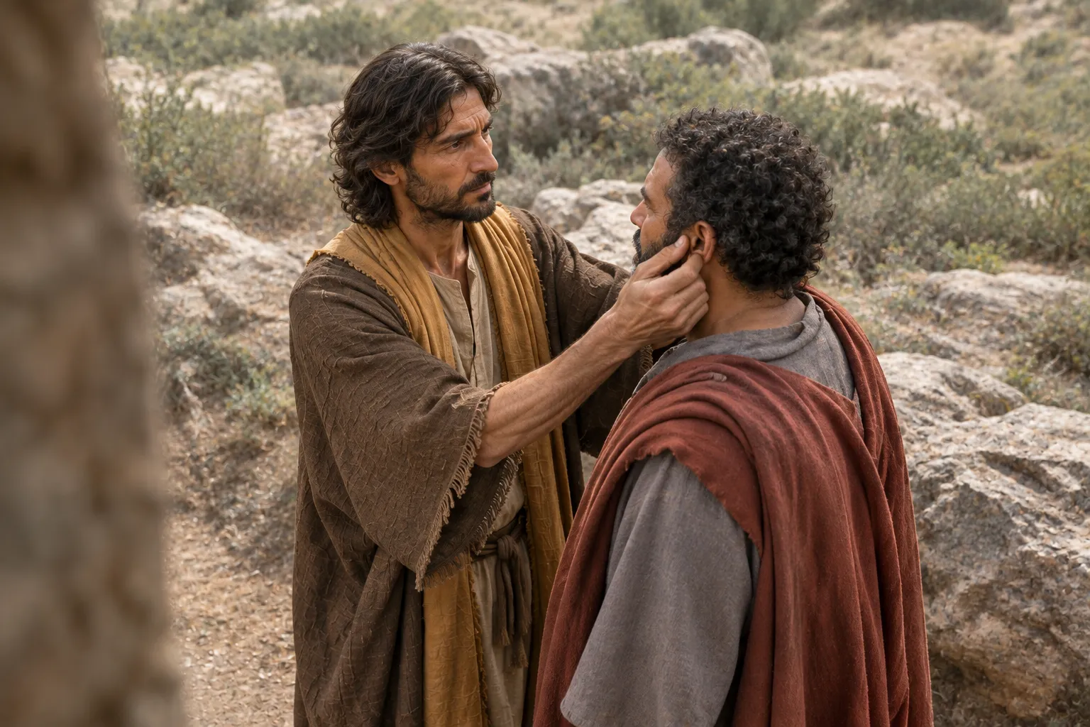 Jesus takes the deaf man aside (Mark 7:32–33)