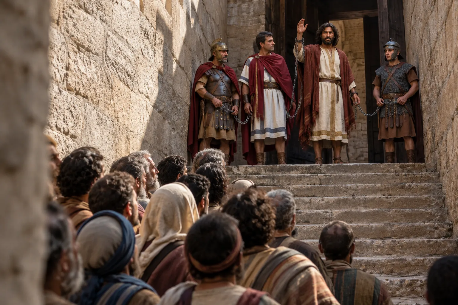 Paul signals the crowd from the steps (Acts 21:37–40)