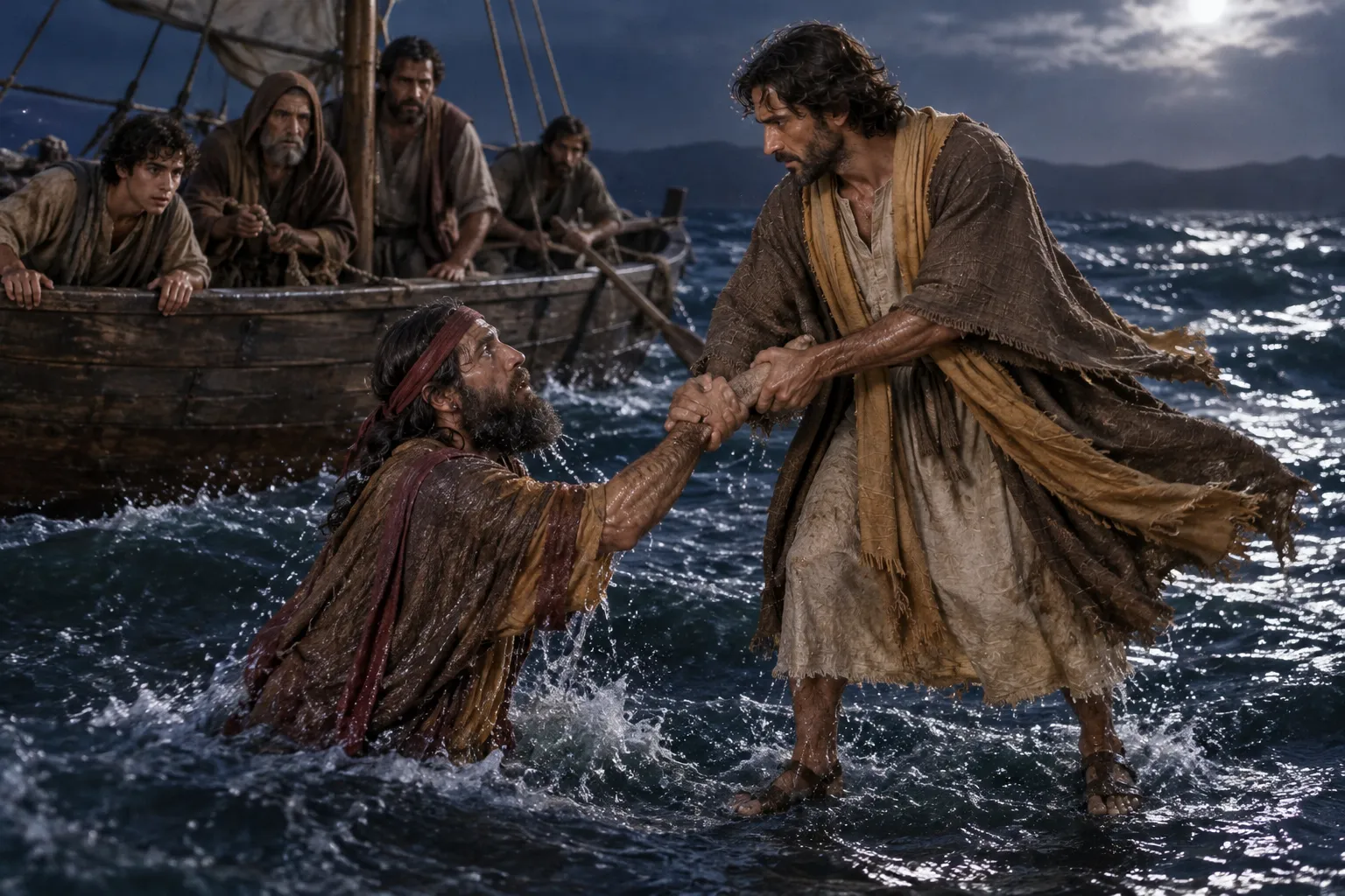 Jesus takes hold of Peter (Matthew 14:30–31)