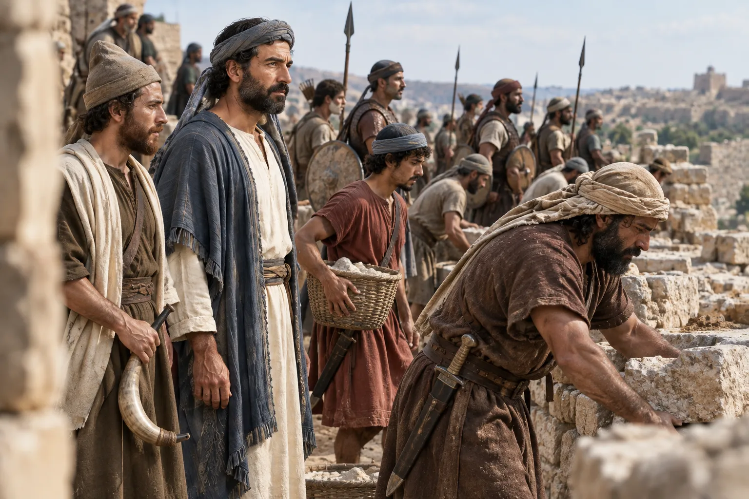 They build with weapons ready (Nehemiah 4:16–18)