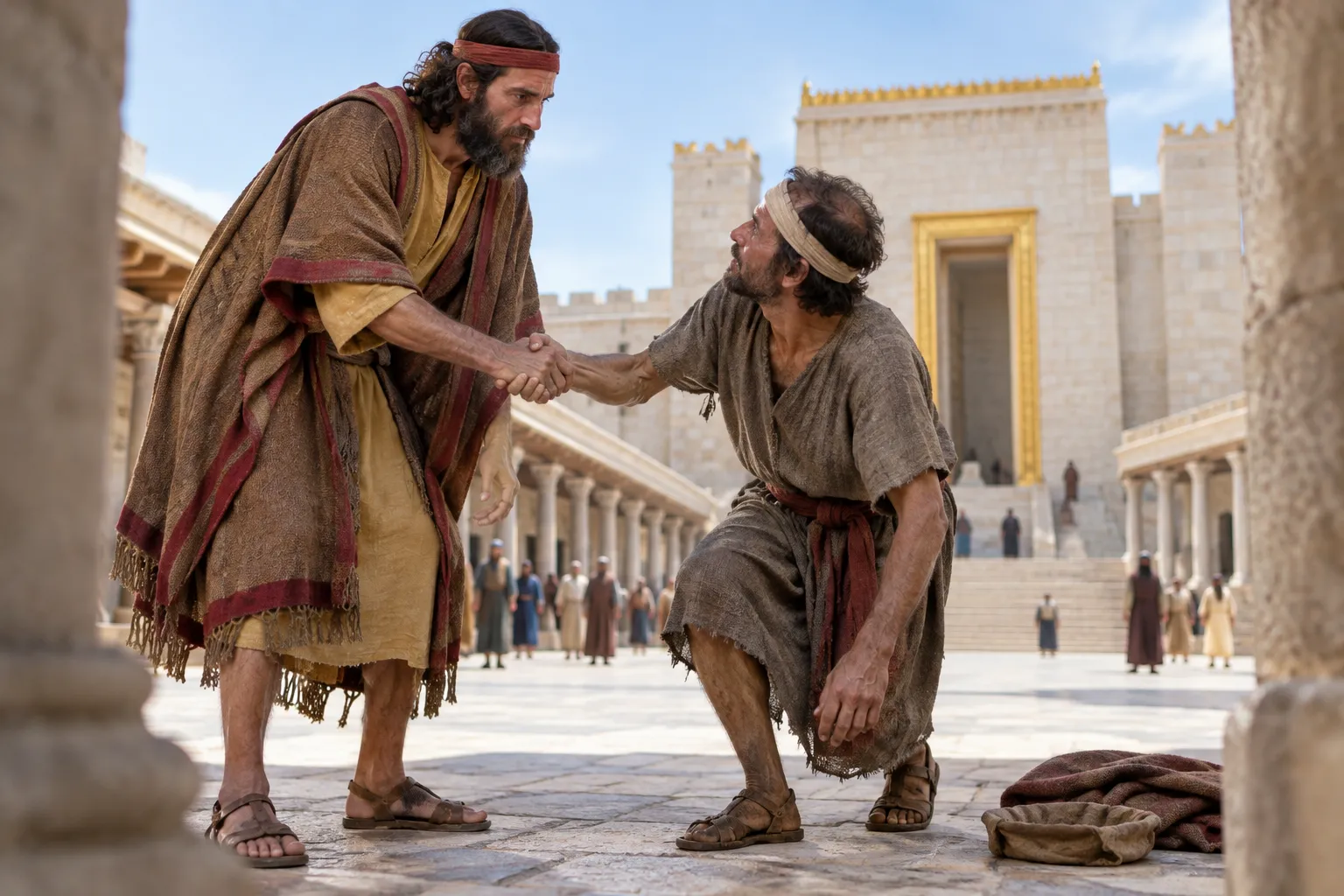 Peter helps the man rise (Acts 3:7)