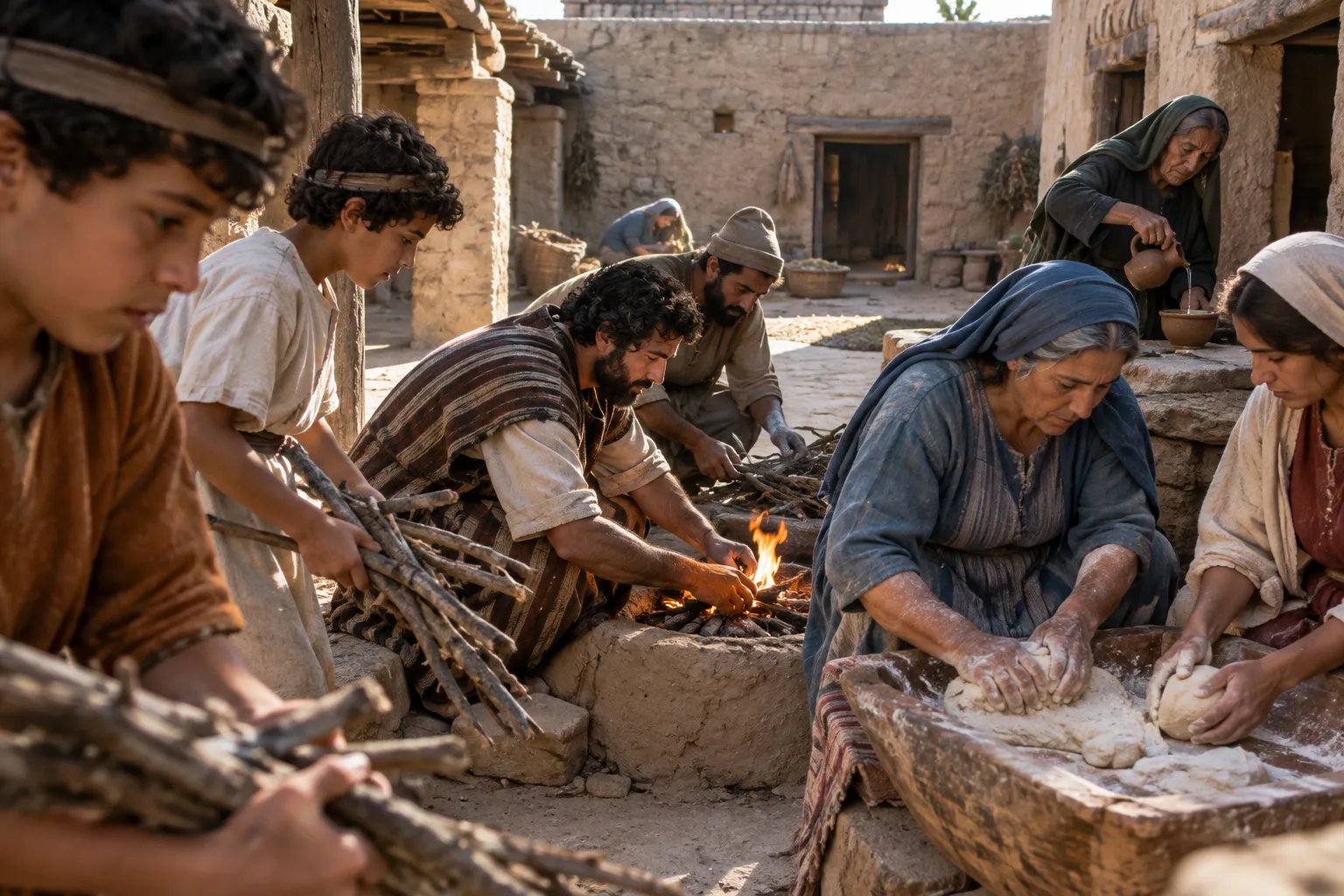 A household prepares offerings to the Queen of Heaven (Jeremiah 7:17–20)
