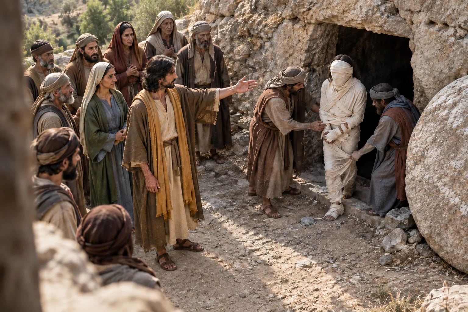 Lazarus comes out of the tomb (John 11:38–45)