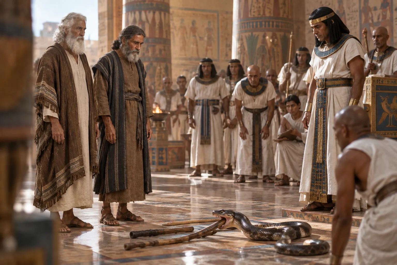Aaron’s serpent swallows the rival staffs (Exodus 7:10–13)