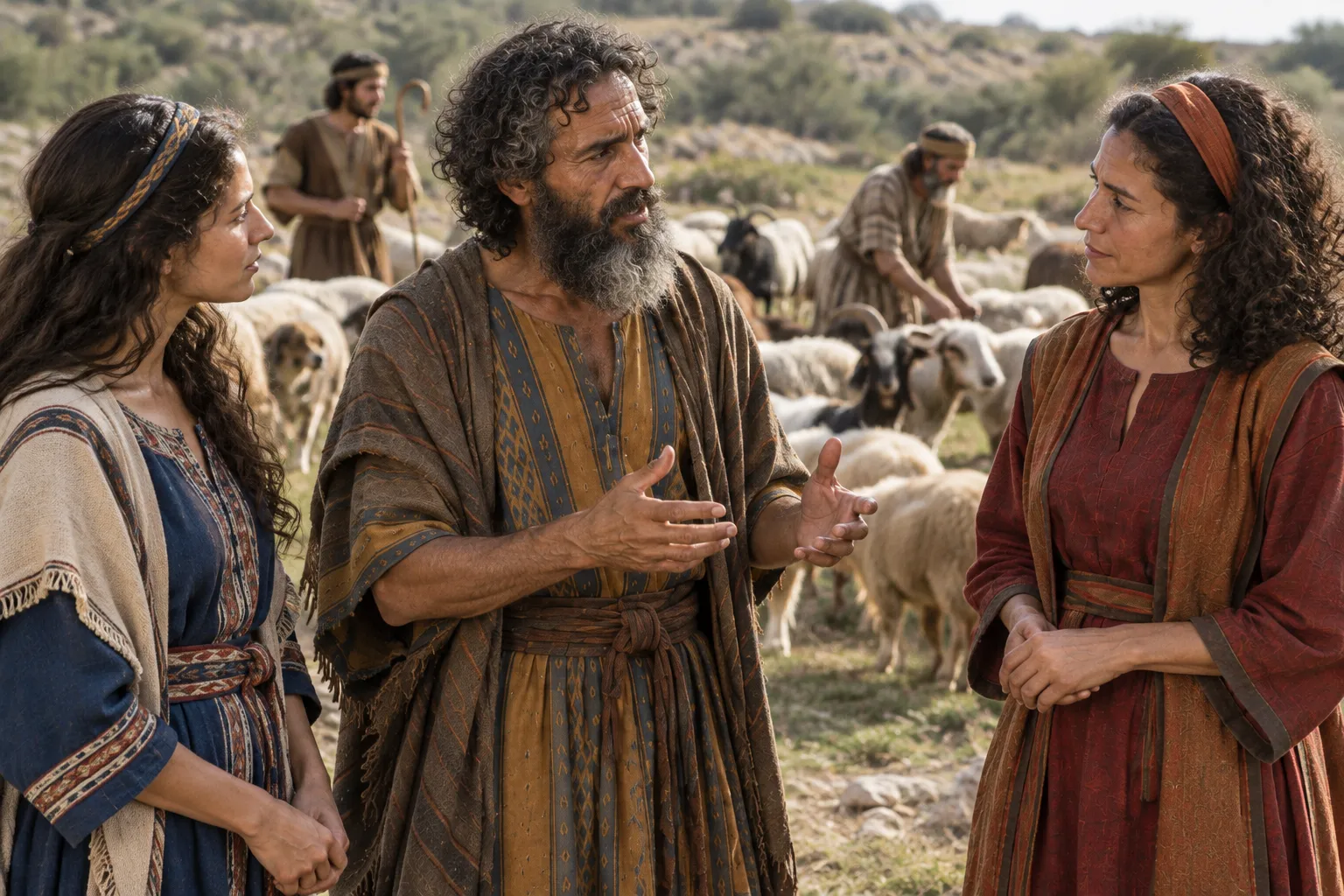 Jacob consults Rachel and Leah at the flocks (Genesis 31:4–5)