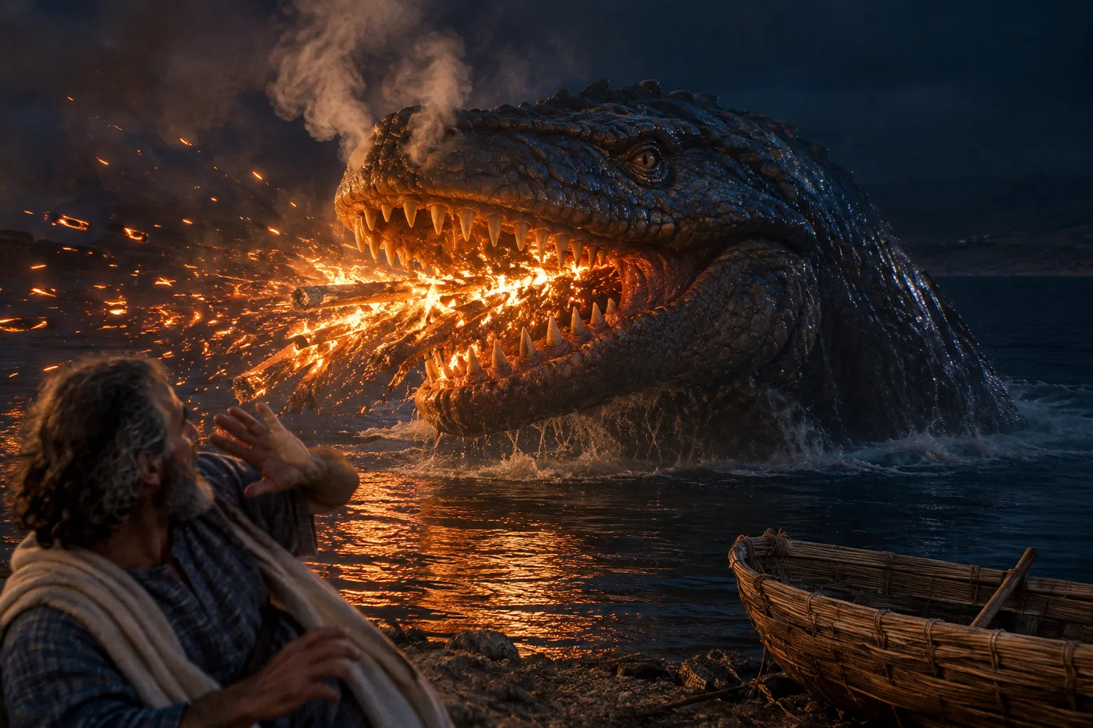 Flame and smoke from Leviathan (Job 41:18–24)