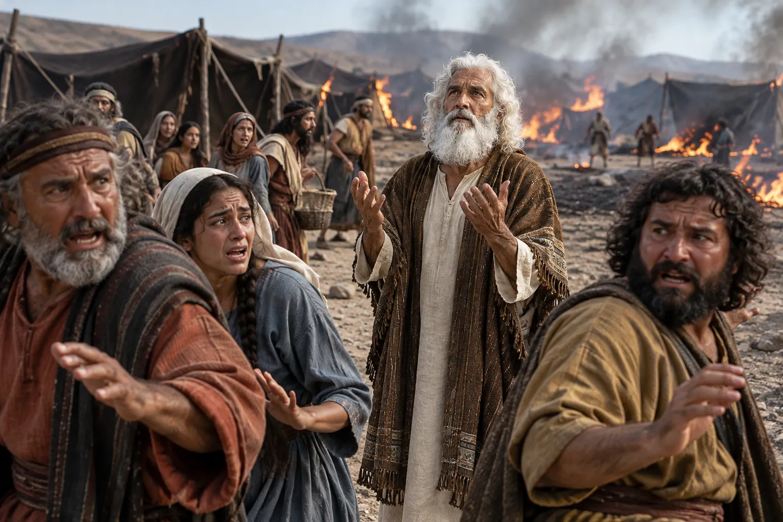 Moses prays as the fire dies down (Numbers 11:1–2)