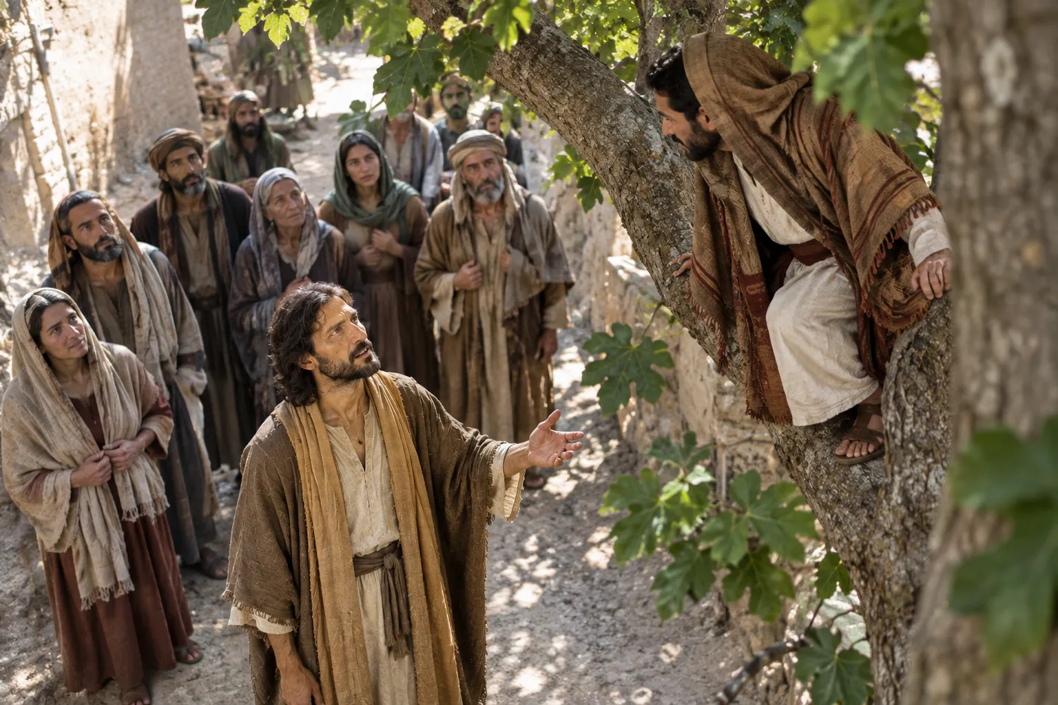 Jesus calls Zacchaeus down (Luke 19:3–5)