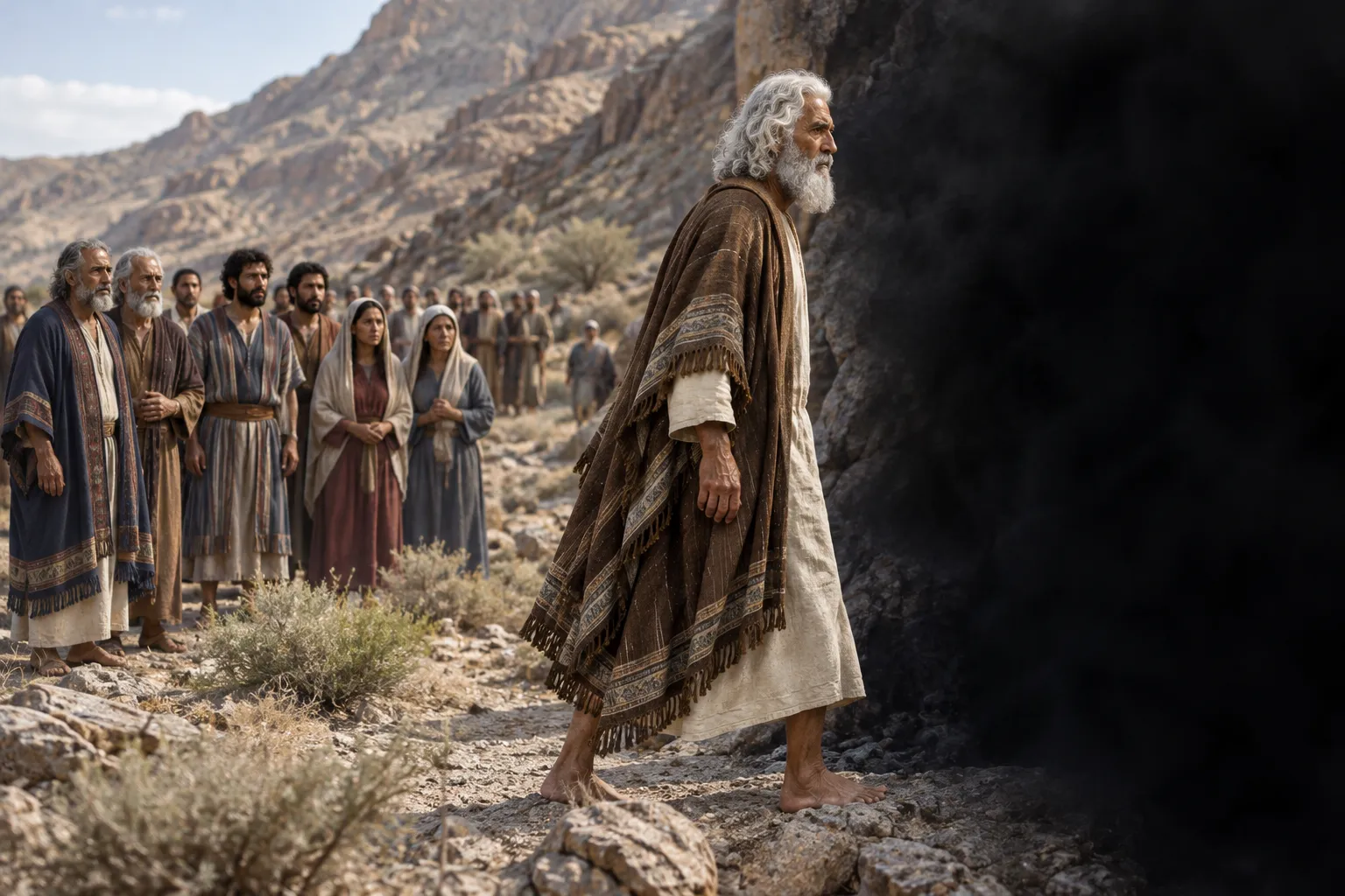 Moses approaches the thick darkness (Exodus 20:21–22)