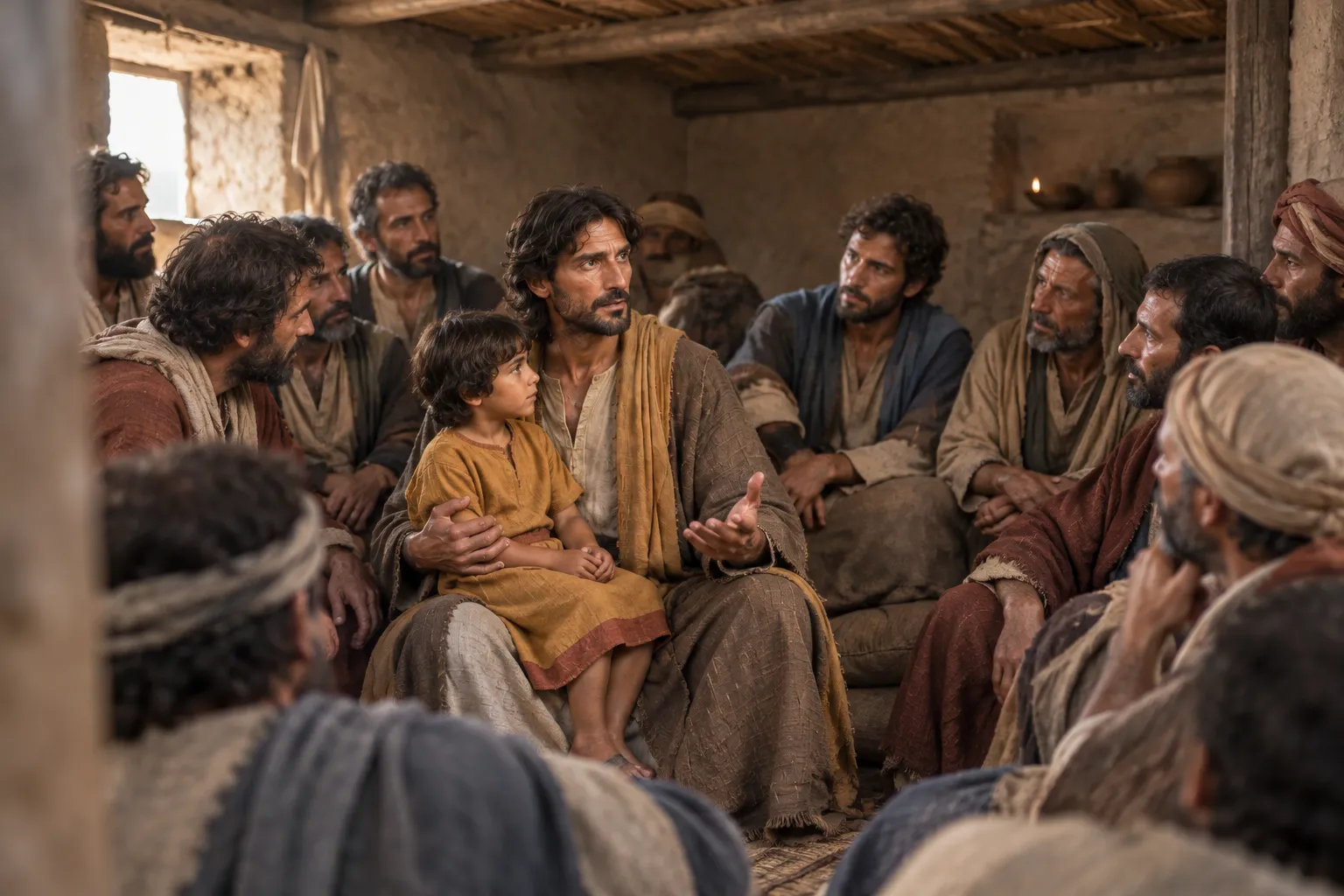 Jesus holds a child among the Twelve (Mark 9:35–37)