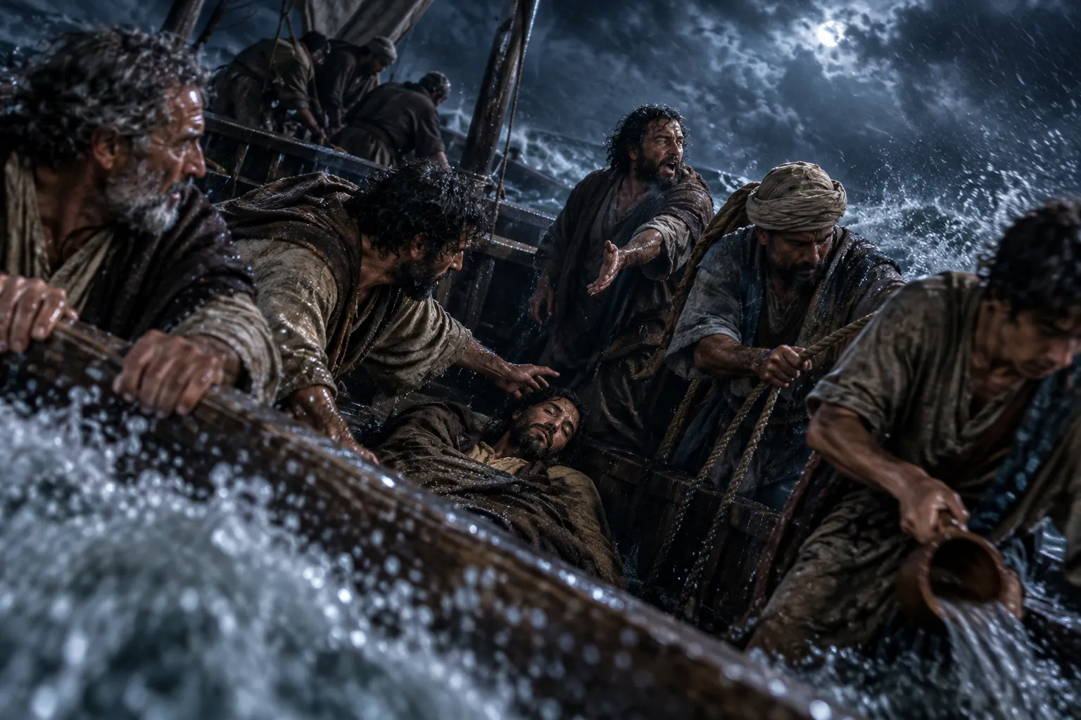 The disciples wake Jesus in the storm (Matthew 8:23–25)