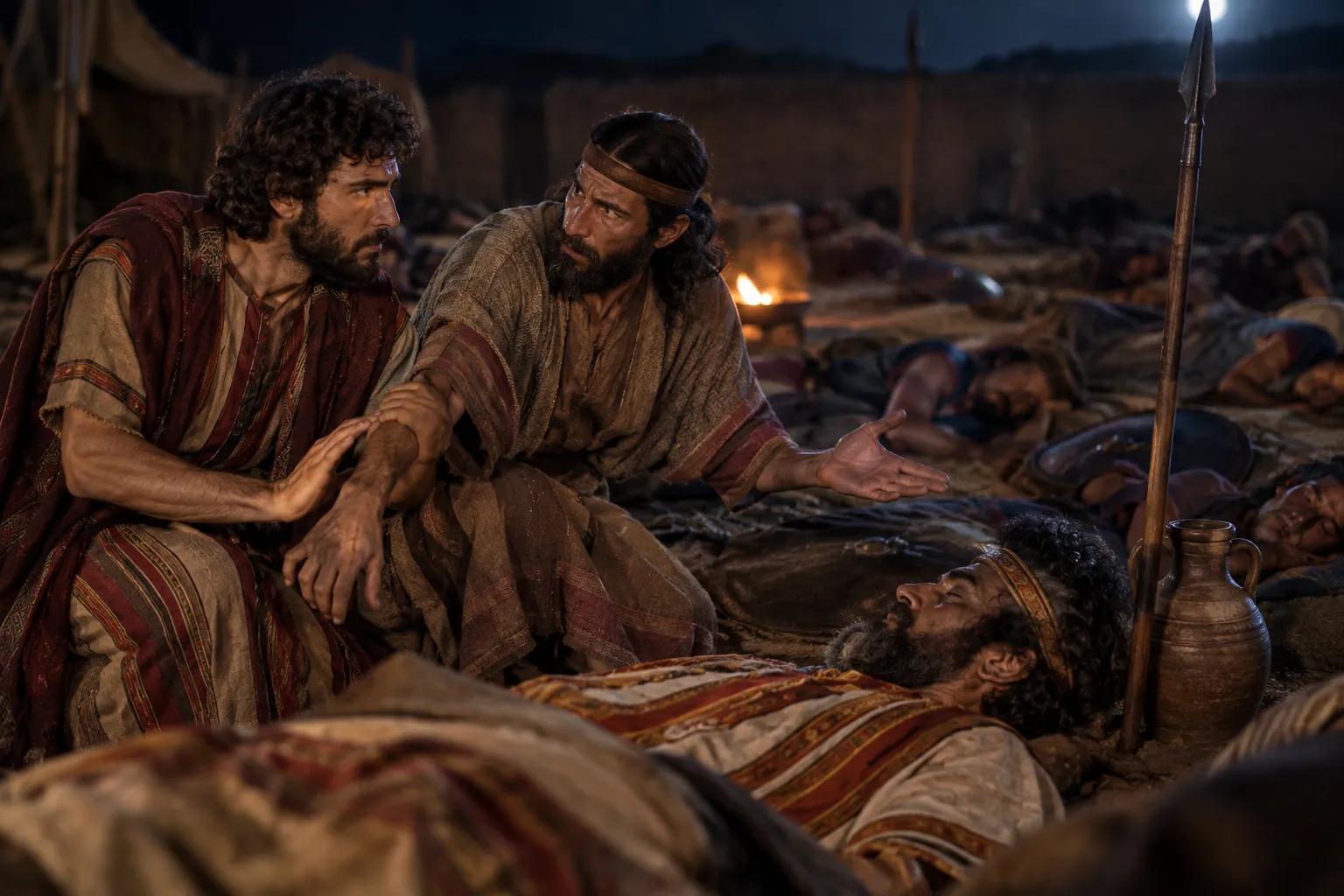 David forbids Abishai to strike Saul (1 Samuel 26:7–11)