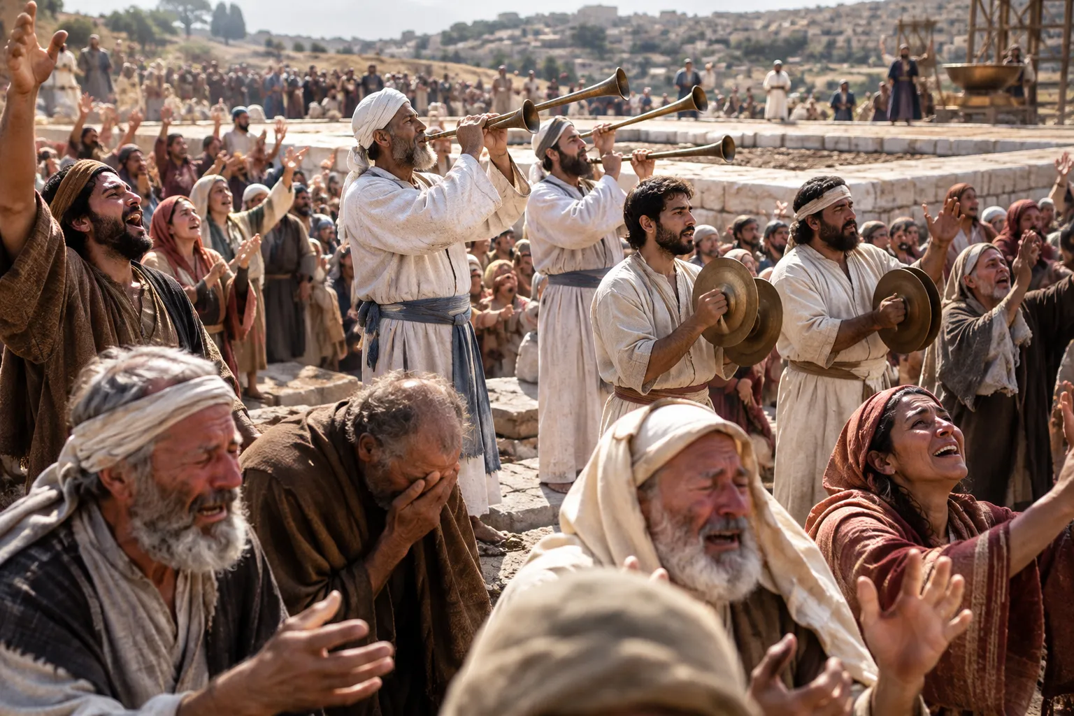 Joy and weeping over the laid foundation (Ezra 3:10–13)