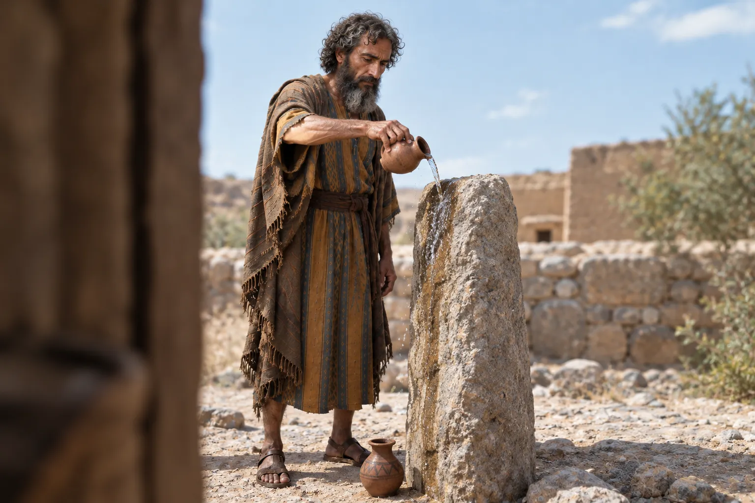 Jacob dedicates the pillar at Bethel (Genesis 35:14–15)