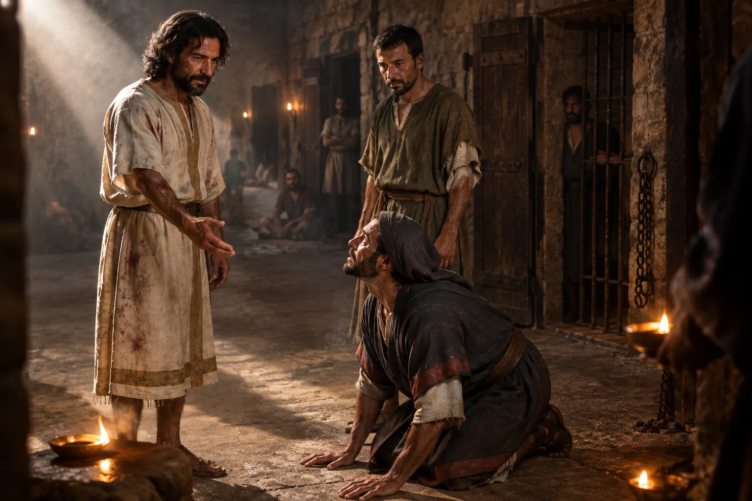 The jailer falls before Paul and Silas (Acts 16:27–29)