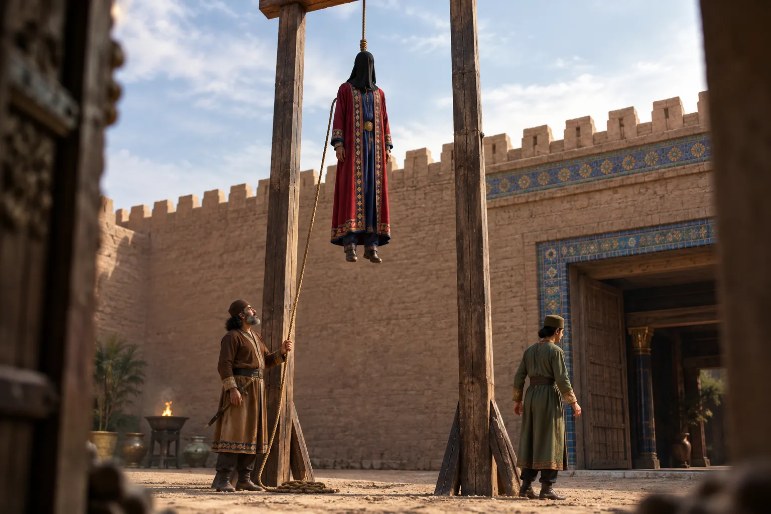 Haman is hanged on his own gallows (Esther 7:9–10)