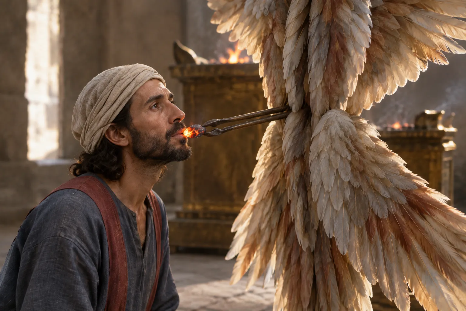 The coal touches Isaiah’s lips (Isaiah 6:6–7)