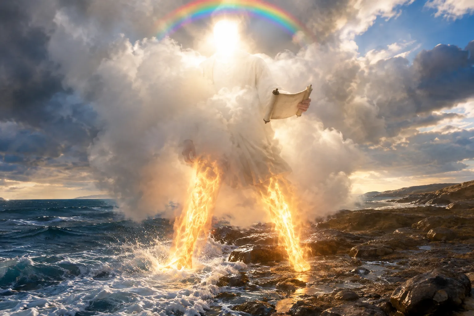 The mighty angel comes down with the open scroll (Revelation 10:1–2)