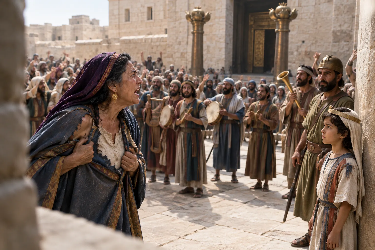 Athaliah sees the crowned king (2 Chronicles 23:12–13)